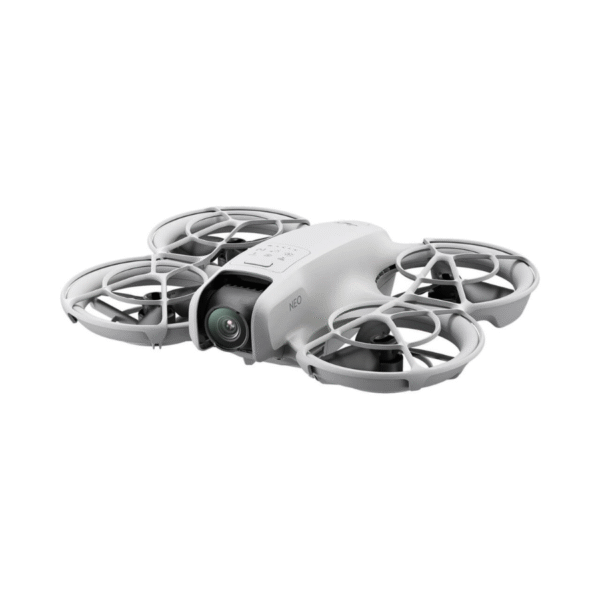 Front-side view of DJI Neo drone featuring ducted propeller guards, 4K camera, aerodynamic design, and compact frame for immersive flight control.