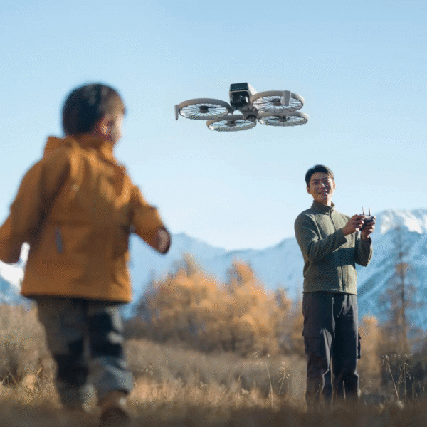 DJI Flip Fly More Combo featuring compact FPV drone with ducted propellers, intelligent batteries, RC controller, charging hub, and propeller guards for immersive flight.