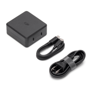 DJI 100W USB-C Power Adapter with dual-port output, compact design, and fast charging capability for DJI drones, controllers, and compatible USB-C devices.