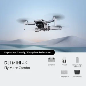 DJI Mini 4K Fly More Combo with ultra-light drone, remote controller, three intelligent flight batteries, charging hub, spare propellers, and carrying case.