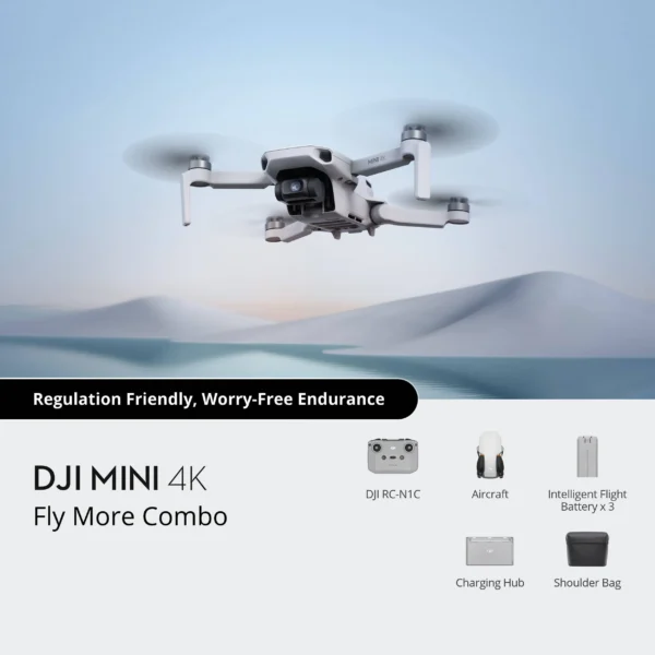 DJI Mini 4K Fly More Combo with ultra-light drone, remote controller, three intelligent flight batteries, charging hub, spare propellers, and carrying case.