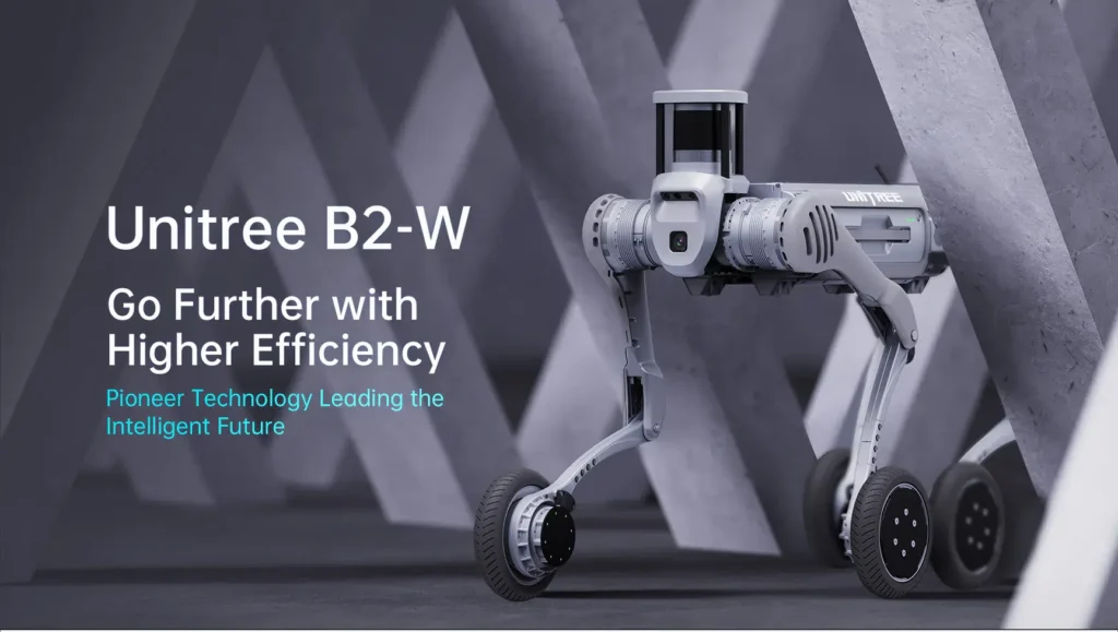 Unitree B2 W quadruped robot equipped with advanced sensors and ruggedized frame, designed for AI navigation, industrial inspection, and outdoor robotics research.