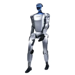 Unitree G1 humanoid robot with 23 degrees of freedom, black-silver body, demonstrating human-like motion and AI-powered balance control, designed for education and R&D