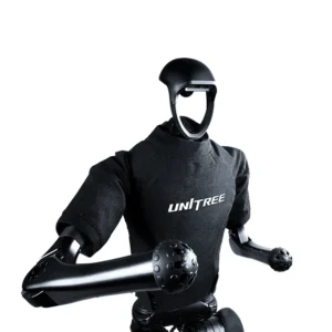 Close-up image of a Unitree humanoid robot equipped with padded training arms and torso, wearing a black protective suit with the Unitree logo
