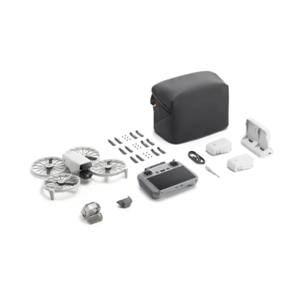 DJI Flip Fly More Combo featuring compact FPV drone with ducted propellers, intelligent batteries, RC controller, charging hub, and propeller guards for immersive flight.