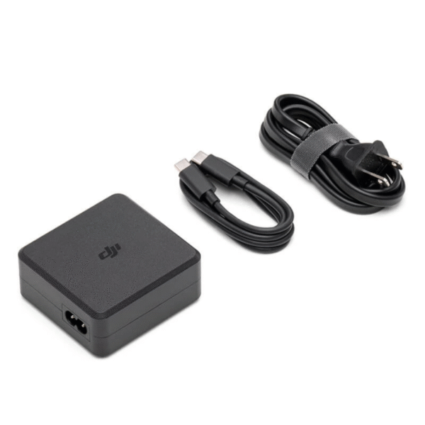 DJI 100W USB-C Power Adapter with dual-port output, compact design, and fast charging capability for DJI drones, controllers, and compatible USB-C devices.
