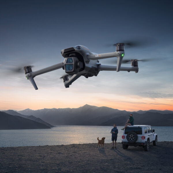 DJI Air 3S Fly More Combo with DJI RC 2 controller, dual-camera drone, three intelligent flight batteries, charging hub, ND filters, and shoulder carrying case for creators.
