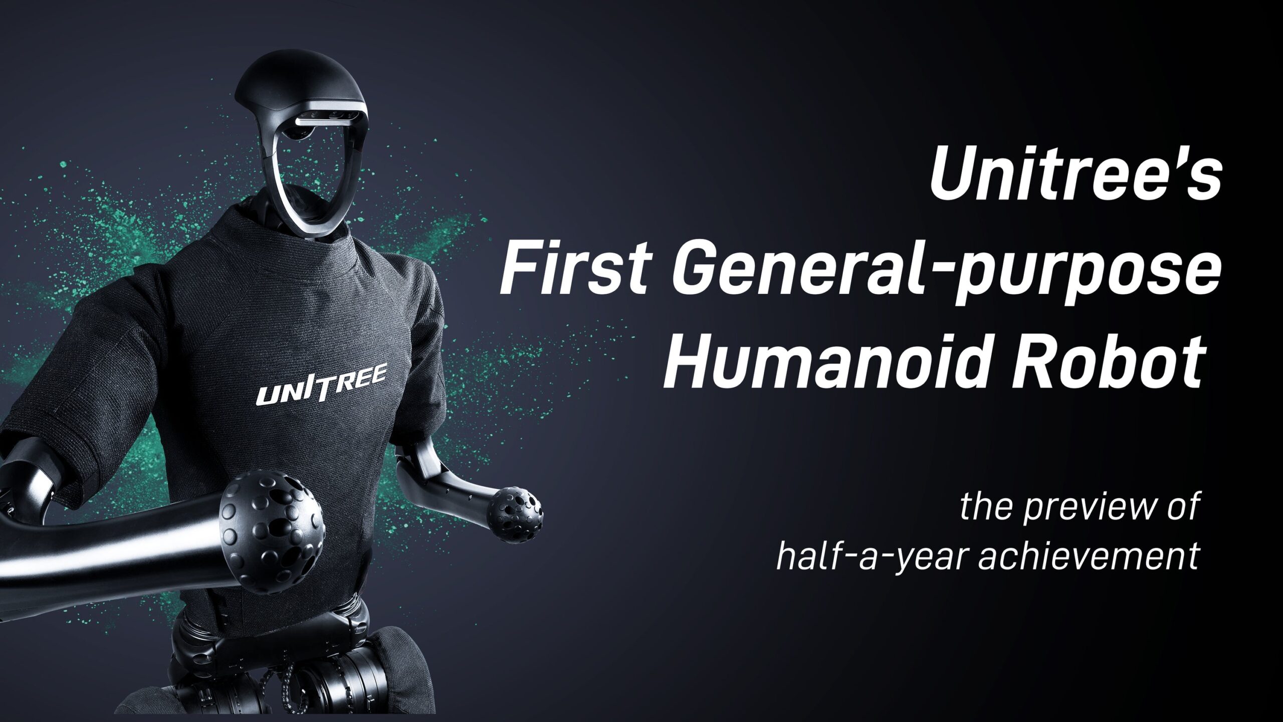 Image of Unitree’s first general-purpose humanoid robot wearing a black training suit with padded arms, showcased against a dark background with green visual effects and launch announcement text