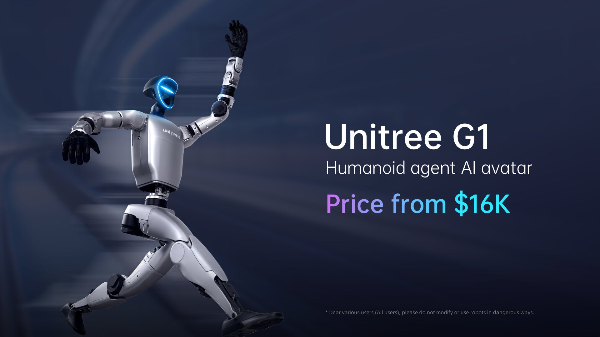 Unitree G1 humanoid robot in motion, representing high-speed agility and AI avatar capability