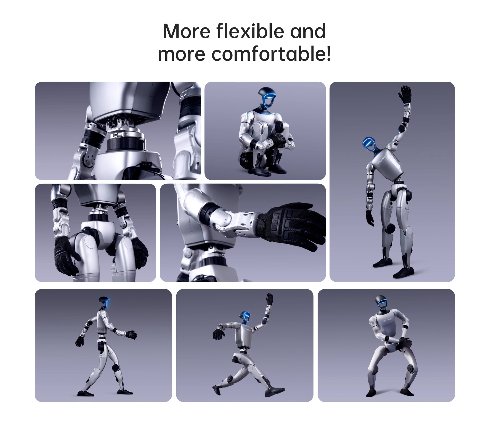 Unitree G1 humanoid robot shown in a variety of dynamic poses including squatting, running, stretching, and walking, highlighting joint flexibility, arm articulation, and full-body mobility