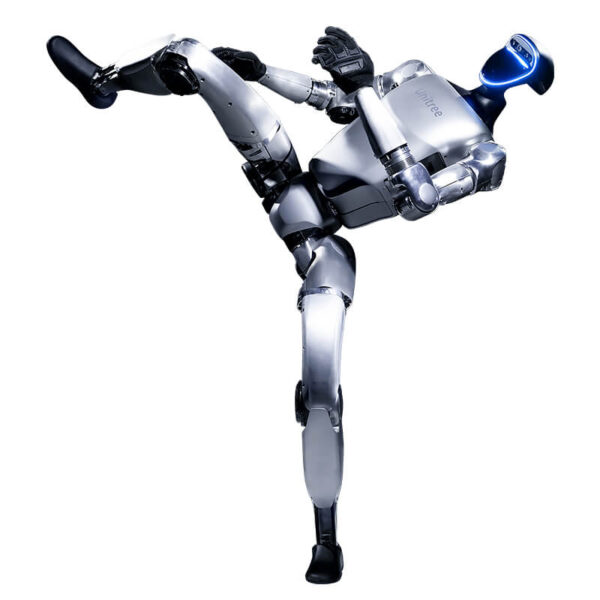 Unitree G1 humanoid robot performing a high-kick pose, showcasing its advanced articulation, sleek silver design, and AI-controlled motion system for robotics research