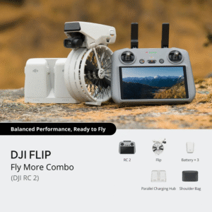 DJI Flip Fly More Combo featuring compact FPV drone with ducted propellers, intelligent batteries, RC controller, charging hub, and propeller guards for immersive flight.