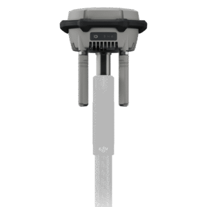 Front view of DJI D-RTK 2 Mobile Station with antennas extended, carbon fiber pole, and control panel visible, designed for high-precision GNSS positioning and RTK corrections.