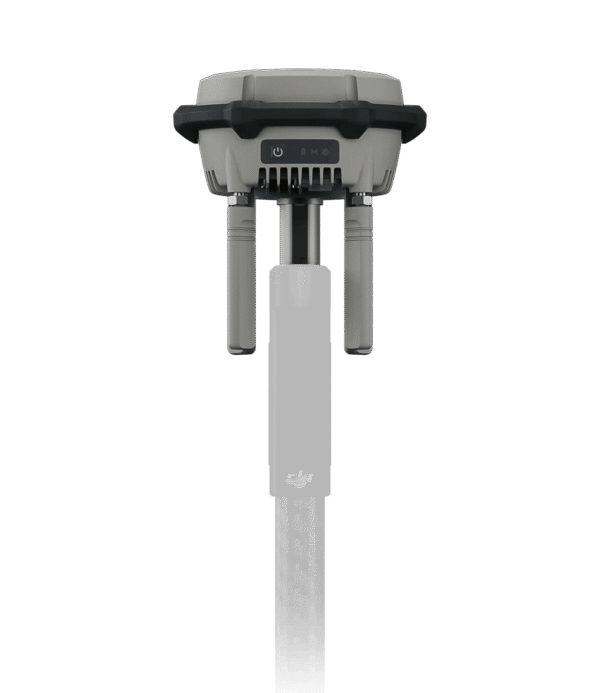 Front view of DJI D-RTK 2 Mobile Station with antennas extended, carbon fiber pole, and control panel visible, designed for high-precision GNSS positioning and RTK corrections.