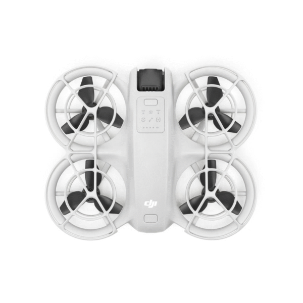 Top-down view of DJI NEO drone featuring a compact frame with four ducted propellers, integrated flight indicators, and aerodynamic white body design