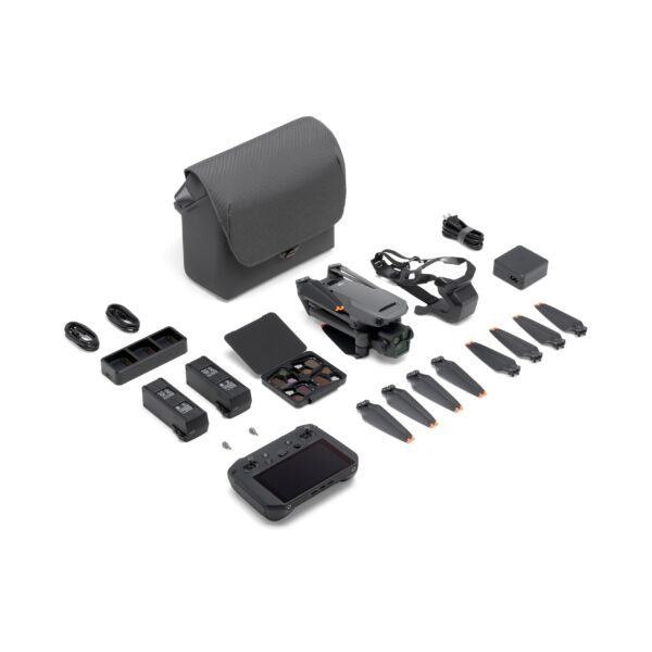 DJI Mavic 3 Pro Fly More Combo with DJI RC Pro, three-battery set, charging hub, ND filters, carrying case, and professional-grade tri-camera drone system.
