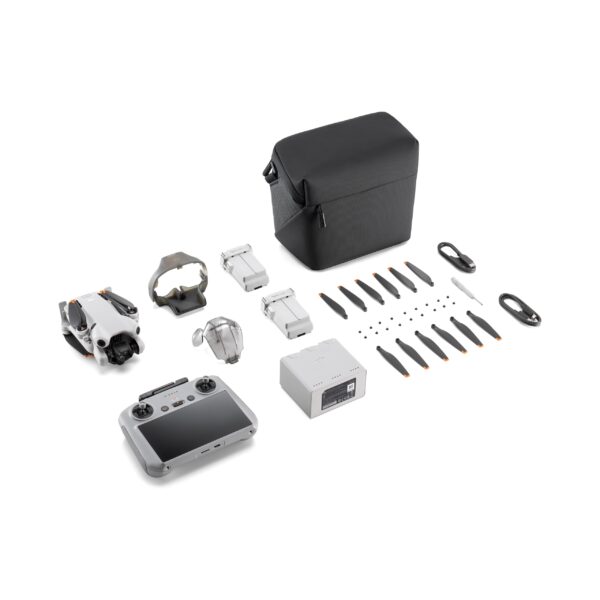 DJI Mini 4 Pro Fly More Combo Plus with DJI RC 2, three intelligent flight batteries, charging hub, shoulder bag, ND filters, and ultra-light drone with 4K camera.