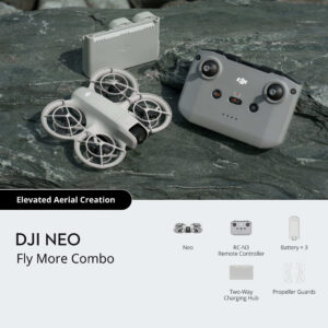 DJI Fly More Combo Kit featuring drone, remote controller, three intelligent flight batteries, charging hub, spare propellers, screwdriver, and USB-C cable.