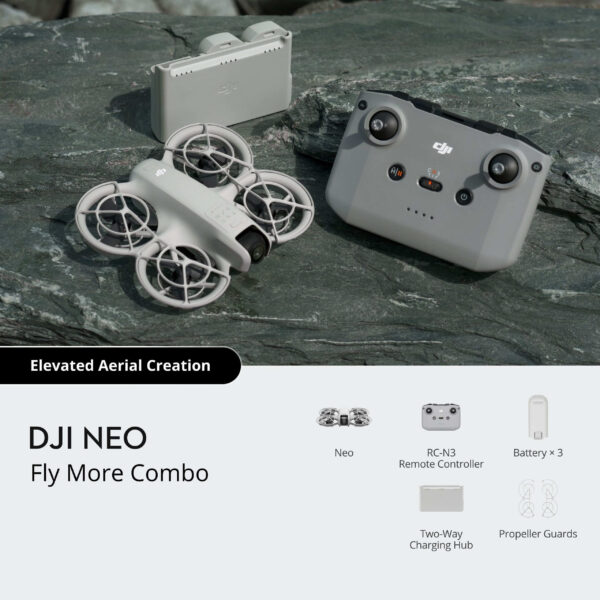 DJI Fly More Combo Kit featuring drone, remote controller, three intelligent flight batteries, charging hub, spare propellers, screwdriver, and USB-C cable.