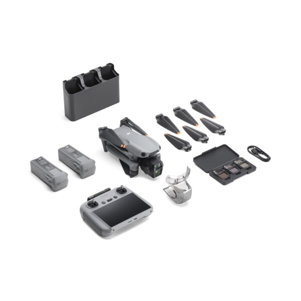 DJI Air 3S Fly More Combo with DJI RC 2 controller, dual-camera drone, three intelligent flight batteries, charging hub, ND filters, and shoulder carrying case for creators.