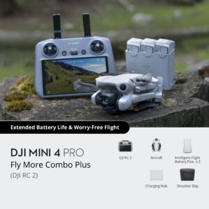 DJI Mini 4 Pro Fly More Combo Plus with DJI RC 2, three intelligent flight batteries, charging hub, shoulder bag, ND filters, and ultra-light drone with 4K camera.