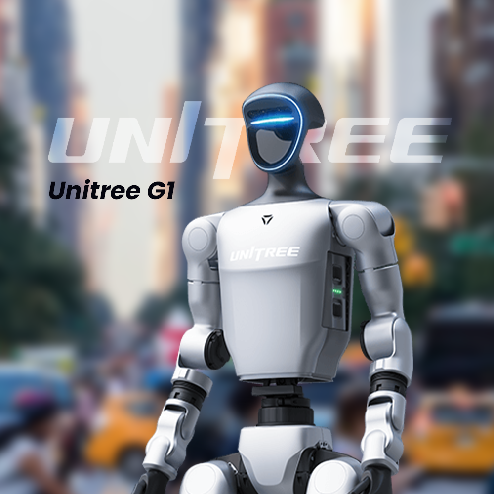 Unitree G1 humanoid robot with 23+ joint motors, standing upright with robotic arms and AI-driven mobility system, designed for research, education, and real-world applications.