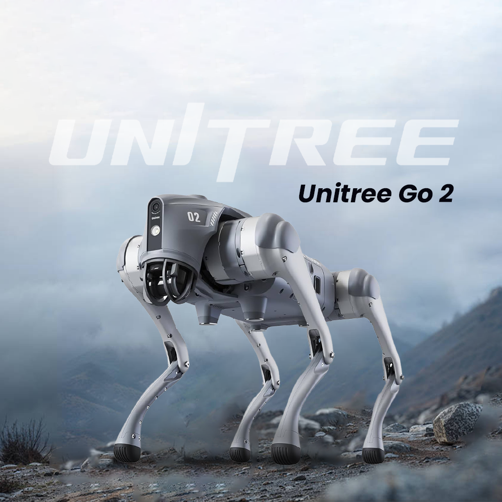 Unitree Go2 quadruped robot in dynamic walking pose, showcasing compact four-legged design, AI motion system, and real-time control for robotics education and R&D.