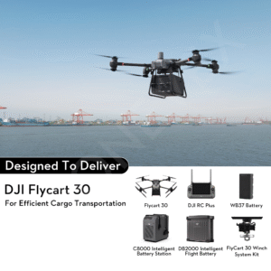 DJI FlyCart 30 industrial delivery drone with dual-propeller system, cargo hook mechanism, and rugged build designed for aerial logistics and payload transport