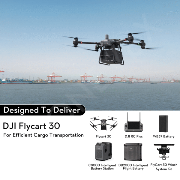 DJI FlyCart 30 industrial delivery drone with dual-propeller system, cargo hook mechanism, and rugged build designed for aerial logistics and payload transport