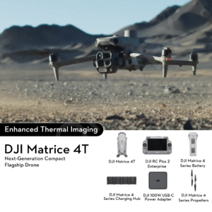 DJI Matrice 4T industrial drone equipped with integrated thermal camera, zoom lens, and laser rangefinder, featuring foldable arms and multi-sensor payload for inspection and emergency missions.
