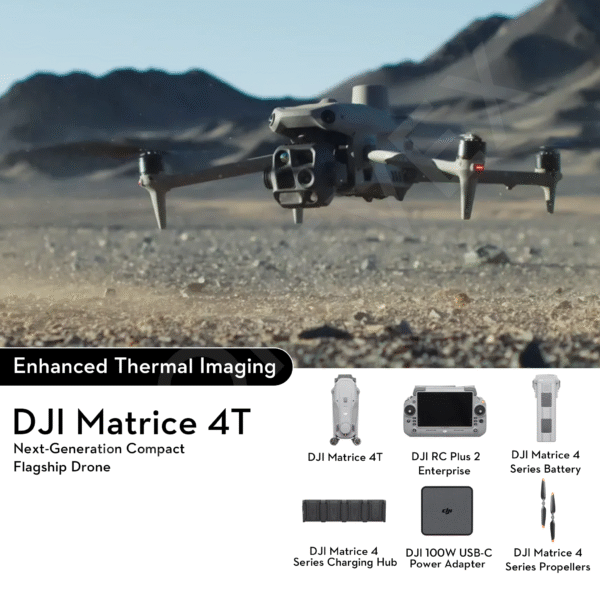 DJI Matrice 4T industrial drone equipped with integrated thermal camera, zoom lens, and laser rangefinder, featuring foldable arms and multi-sensor payload for inspection and emergency missions.