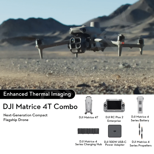 DJI Matrice 4T industrial drone with integrated thermal camera, visual zoom lens, and multi-sensor payload, designed for inspections, emergency response, and night operations.