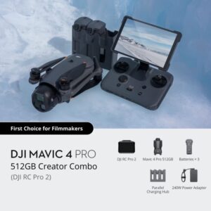 DJI Mavic 4 Pro 512GB Creator Combo with DJI RC Pro 2, integrated Hasselblad camera, multiple batteries, ND filters, and advanced accessories for professional aerial production.