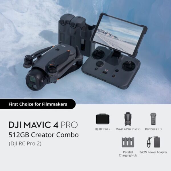 DJI Mavic 4 Pro 512GB Creator Combo with DJI RC Pro 2, integrated Hasselblad camera, multiple batteries, ND filters, and advanced accessories for professional aerial production.