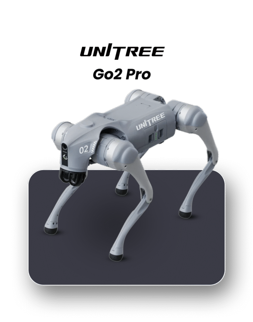 Unitree Go2 Pro quadruped robot in motion with sleek body, 4-legged design, advanced AI features, and support for ROS2, ideal for research and field robotics.