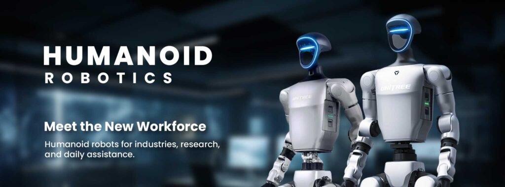 Advanced humanoid robots standing upright with articulated limbs, sensors, and AI-powered movement, designed for education, research, healthcare, and industrial automation.