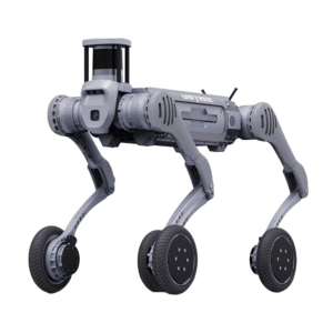 Unitree B2 W quadruped robot equipped with advanced sensors and ruggedized frame, designed for AI navigation, industrial inspection, and outdoor robotics research.