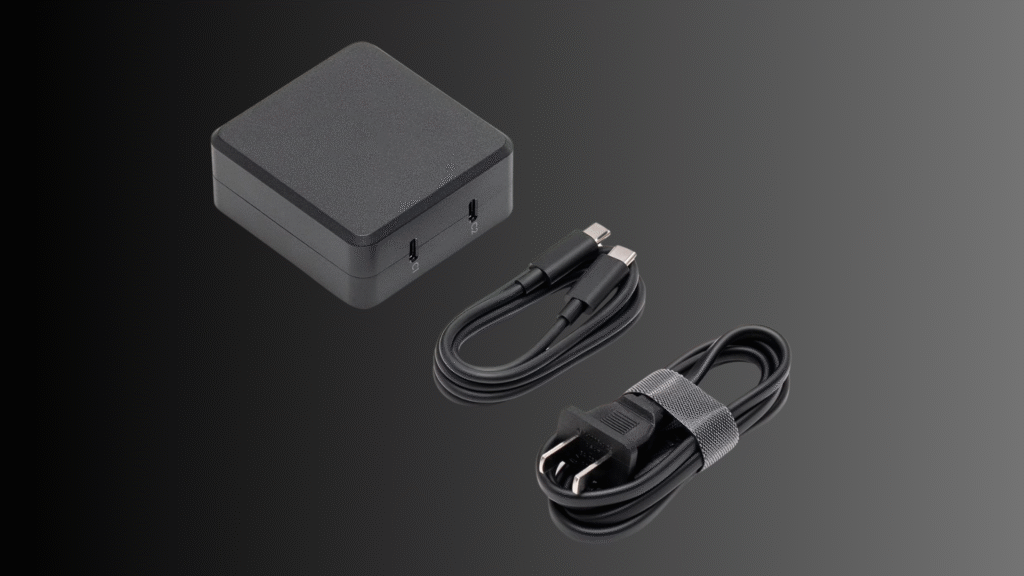 DJI 100W USB-C Power Adapter with dual-port output, compact design, and fast charging capability for DJI drones, controllers, and compatible USB-C devices.