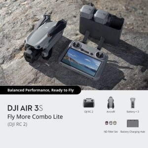 DJI Air 3S Fly More Combo with DJI RC 2 controller, dual-camera drone, three intelligent flight batteries, charging hub, ND filters, and shoulder carrying case for creators.
