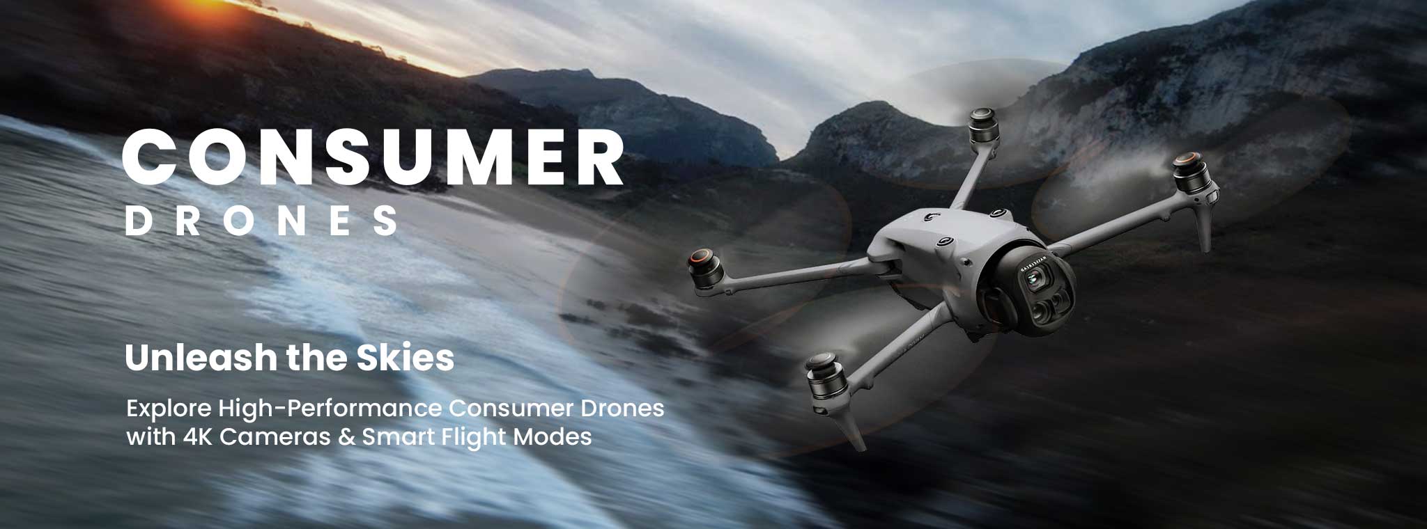 Consumer drones with foldable designs, 4K cameras, and intuitive controllers, ideal for beginners, travelers, content creators, and hobbyist aerial photography.