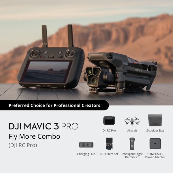 DJI Mavic 3 Pro Fly More Combo with DJI RC Pro, three-battery set, charging hub, ND filters, carrying case, and professional-grade tri-camera drone system.