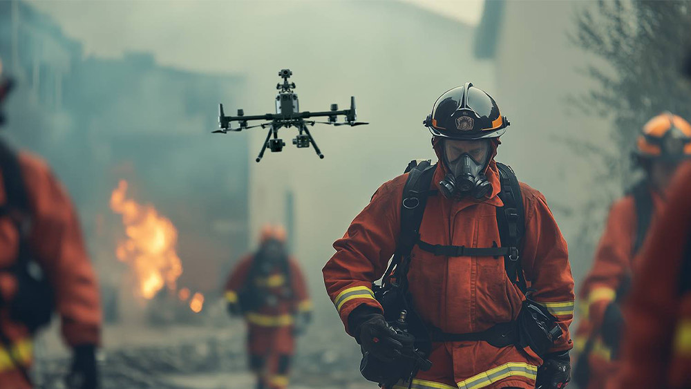 Firefighters using a drone applications for aerial assessment during a building fire emergency.