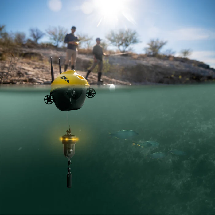 Chasing F1 Pro underwater fishing drone with charger, probe hook, and EPP backpack
