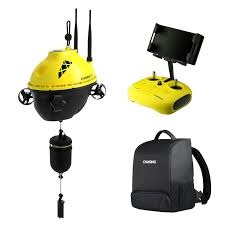 Chasing F1 Pro underwater fishing drone with charger, probe hook, and EPP backpack