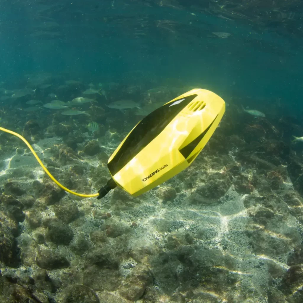 hasing Dory mini underwater drone exploring ocean with bright yellow body