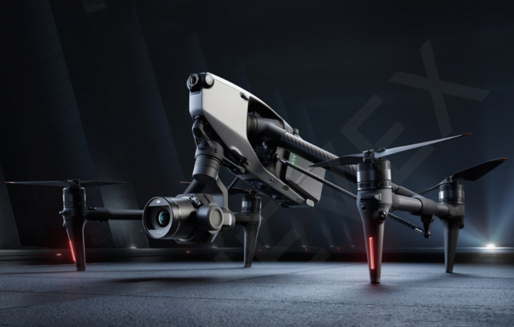 DJI Inspire 3 Combo drone on location, showing full-frame 8K camera and lens system.