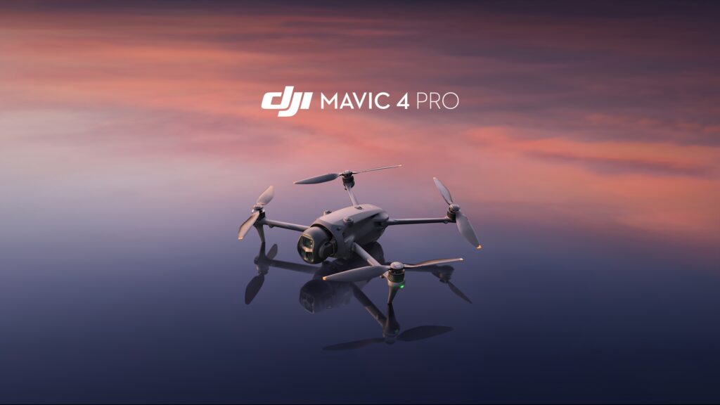 DJI Mavic 4 Pro drone in flight capturing high-resolution aerial imagery over a scenic landscape.