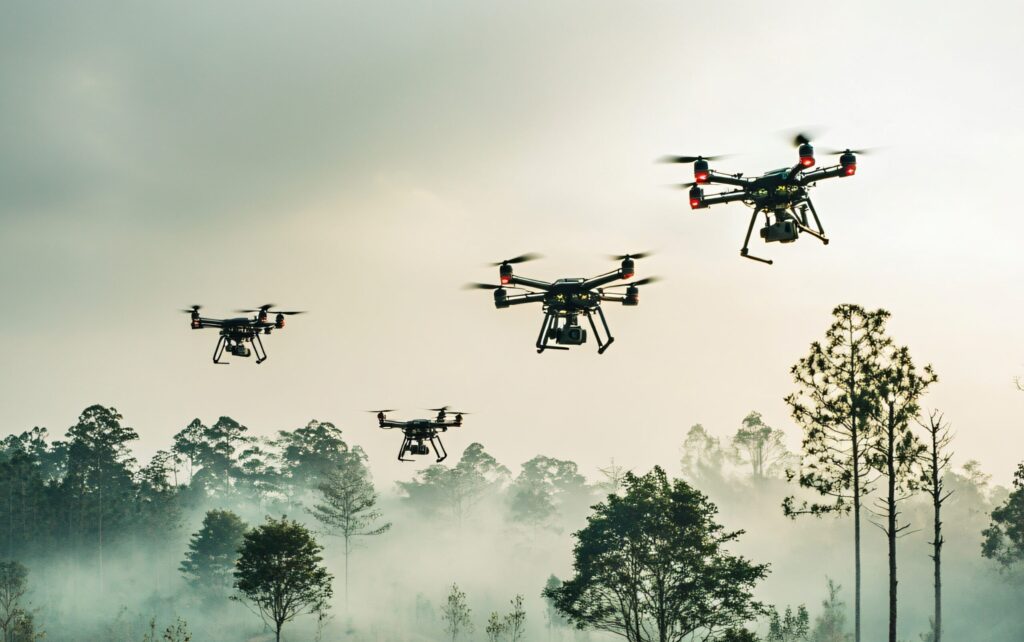 Autonomous drone swarm flying over forest, mapping terrain and detecting anomalies.