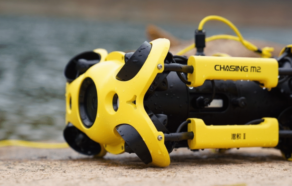 Underwater drone technology robot exploring the seafloor with onboard lights and camera.