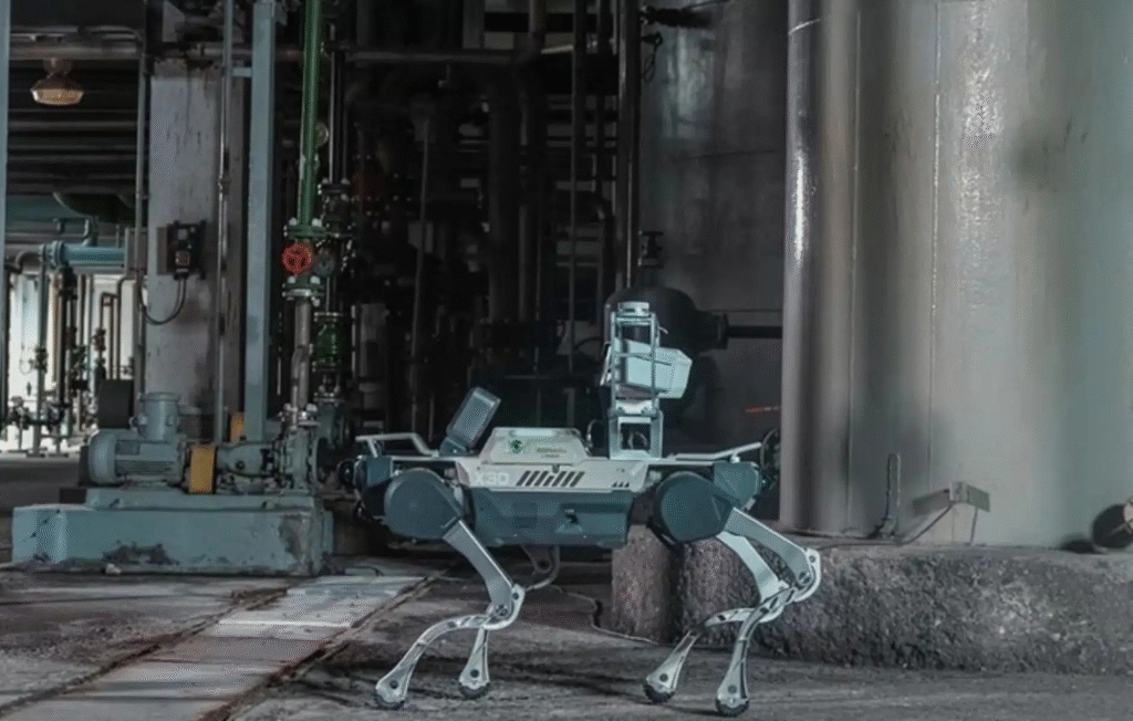 Quadruped robot dog rescue unit walking through disaster rubble, streaming real-time data to responders.